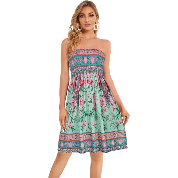 Women Green Pink Boho Strapless Off Shoulder Cover Ups Casual Beach Sundress - Picture 3 of 6